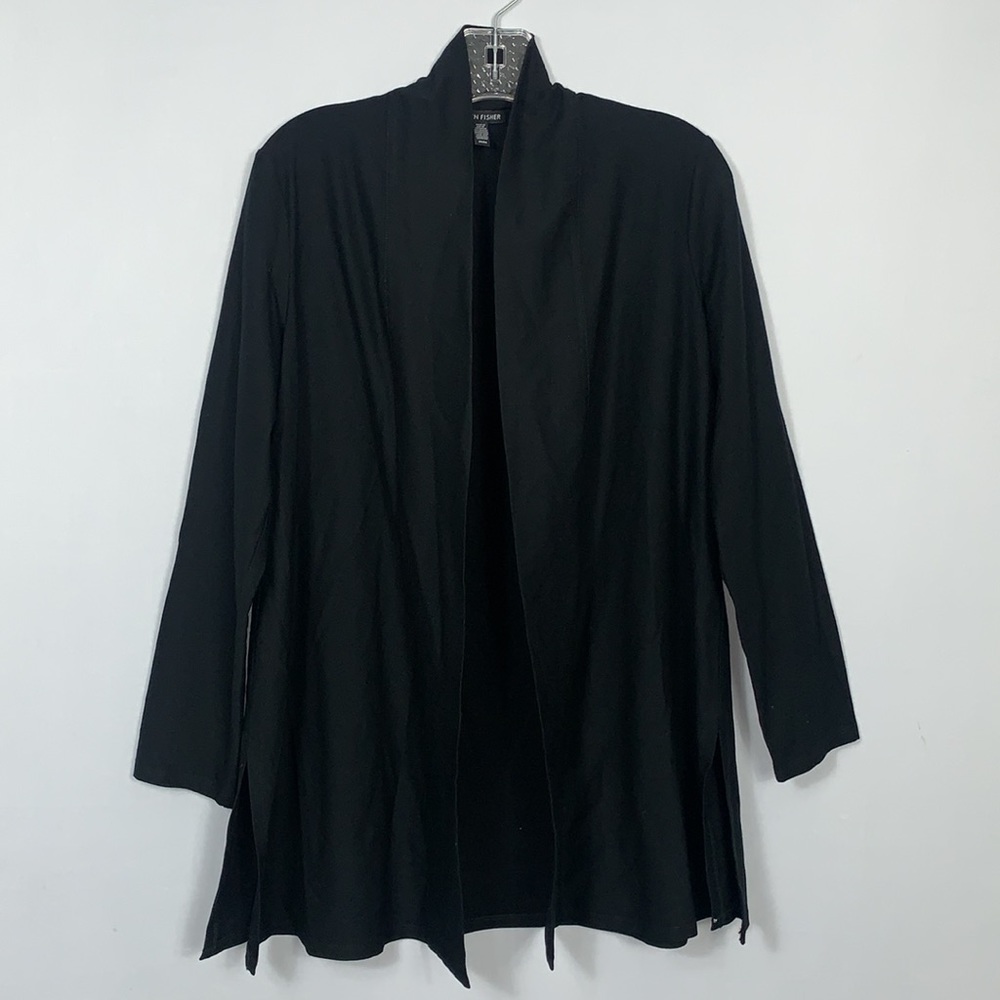 Eileen Fisher Black Open Front Stretchy Jersey Long Cardigan Topper Jacket Med
